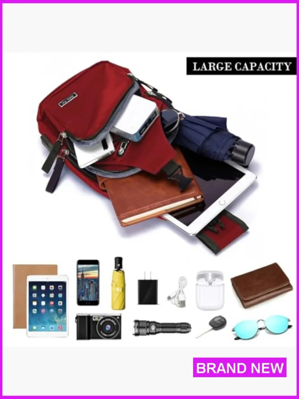 Sling Backpack Water Resistant Nylon Crossbody Shoulder Bag USB Charging Port